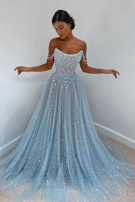 Shiny Strapless Blue Tulle Long Prom dress, Sparkly Blue Tulle Evening Dress GP317