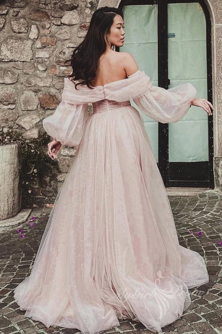 Shiny Tulle Pink Prom Dresses Off The Shoulder Puff Sleeve Evening Dress with Slit GP477