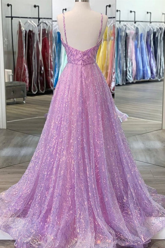 Shiny V Neck Backless Long Prom Dress, A-line Sleeveless Formal Gown GP287