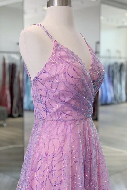 Shiny V Neck Backless Long Prom Dress, A-line Sleeveless Formal Gown GP287