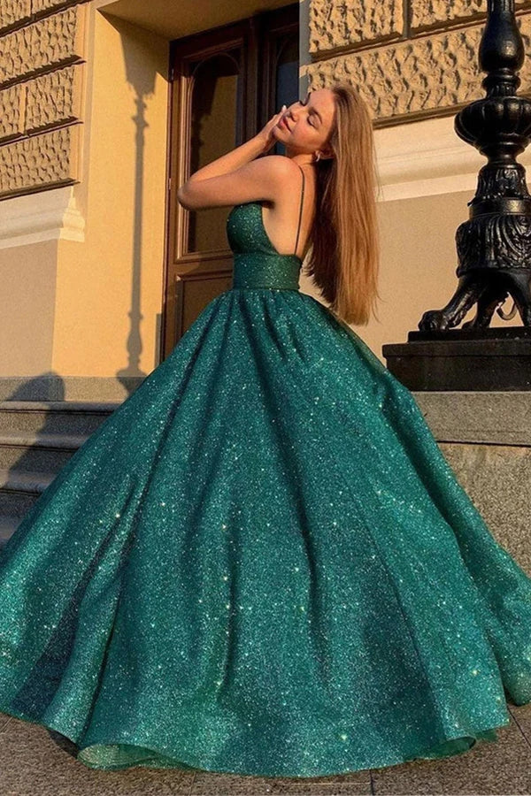 Shiny V Neck Ball Gown Prom Dress Green Evening Dress WP442