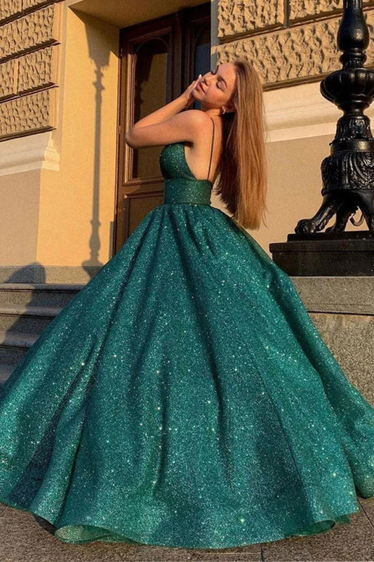 Shiny V Neck Ball Gown Prom Dress Green Evening Dress WP442