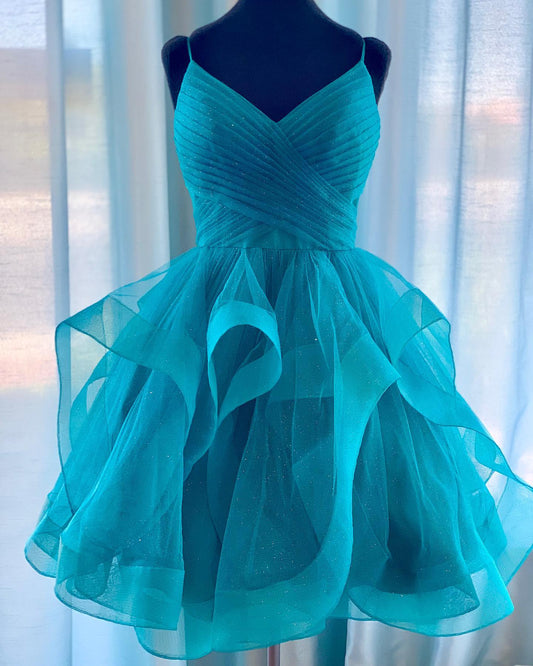 Vestidos de fiesta cortos con escote en V brillante en azul, verde y blanco, vestidos formales de regreso a casa con escote en V brillante y corto.