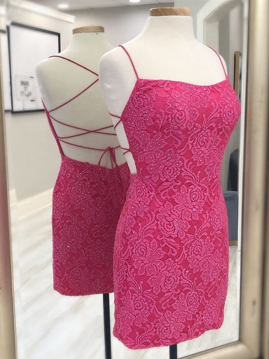 Vestidos de fiesta cortos de encaje rosa con espalda descubierta, vestidos de graduación cortos de encaje con espalda abierta