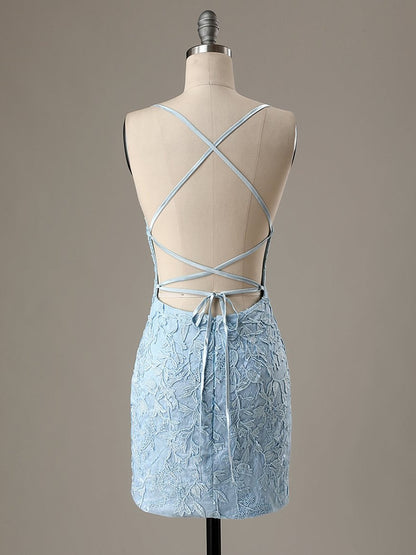 Vestidos de fiesta cortos de encaje azul claro con espalda descubierta, vestidos de graduación de encaje azul claro con espalda descubierta