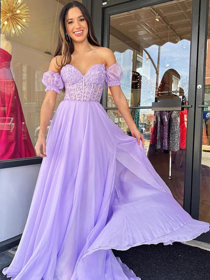 Vestidos de fiesta de gasa lavanda con mangas cortas, vestidos de gala elegantes