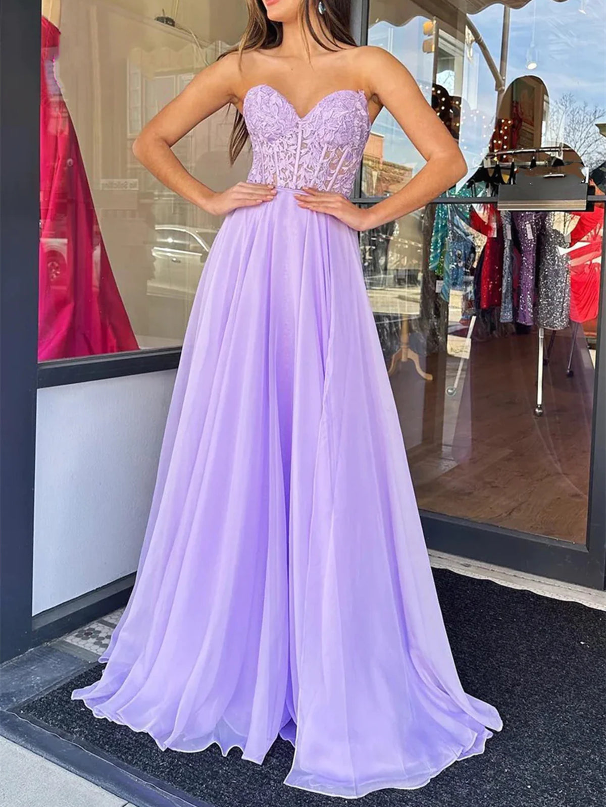 Vestidos de fiesta de gasa lavanda con mangas cortas, vestidos de gala elegantes