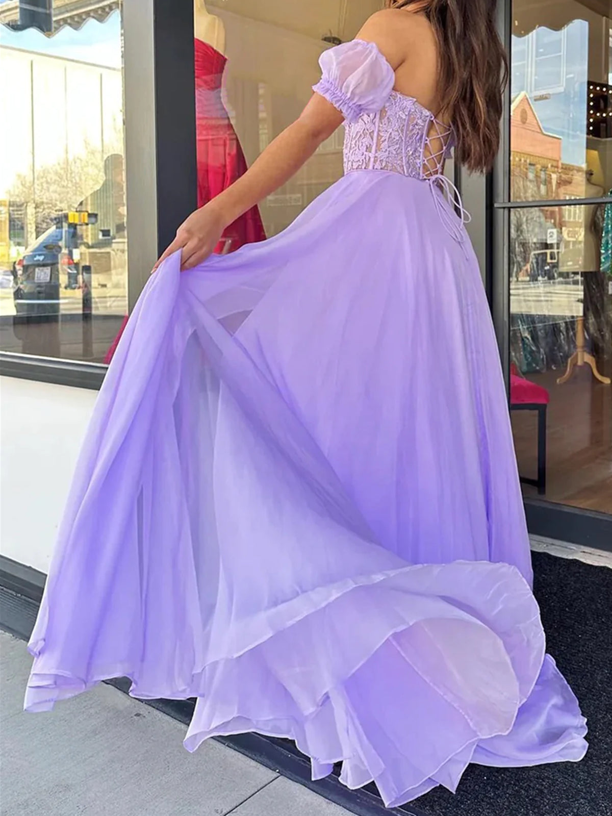 Vestidos de fiesta de gasa lavanda con mangas cortas, vestidos de gala elegantes