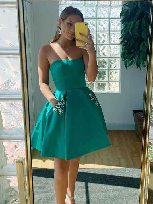 Vestido de fiesta corto sin tirantes con diseño de bolsillos verdes, TP3566