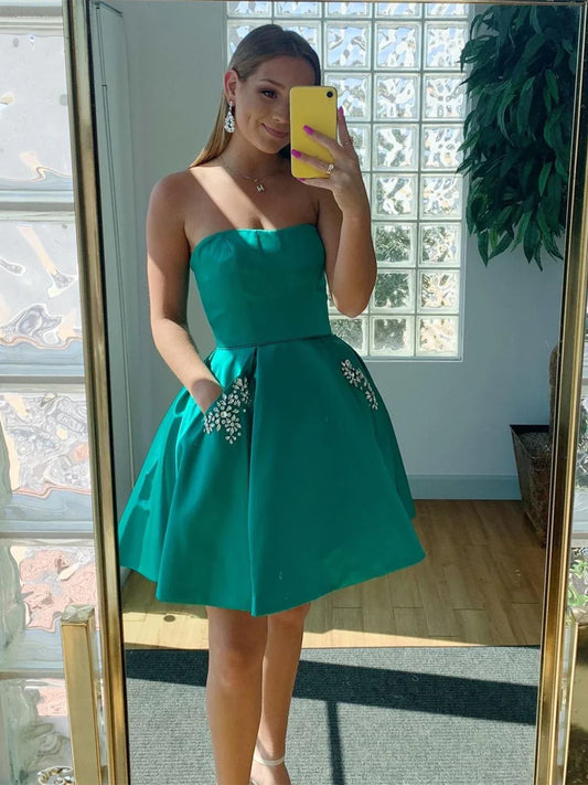 Short Strapless Green Prom Dresses with Pockets, Strapless Short Green Formal Homecoming Dresses,AST1285