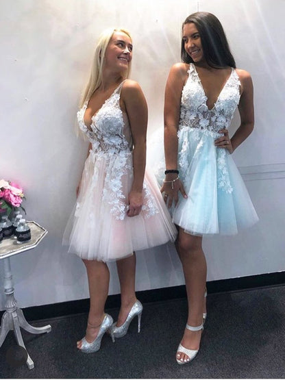 Vestidos de fiesta cortos con escote en V, encaje rosa y azul, vestidos formales de bienvenida cortos con encaje rosa y azul.