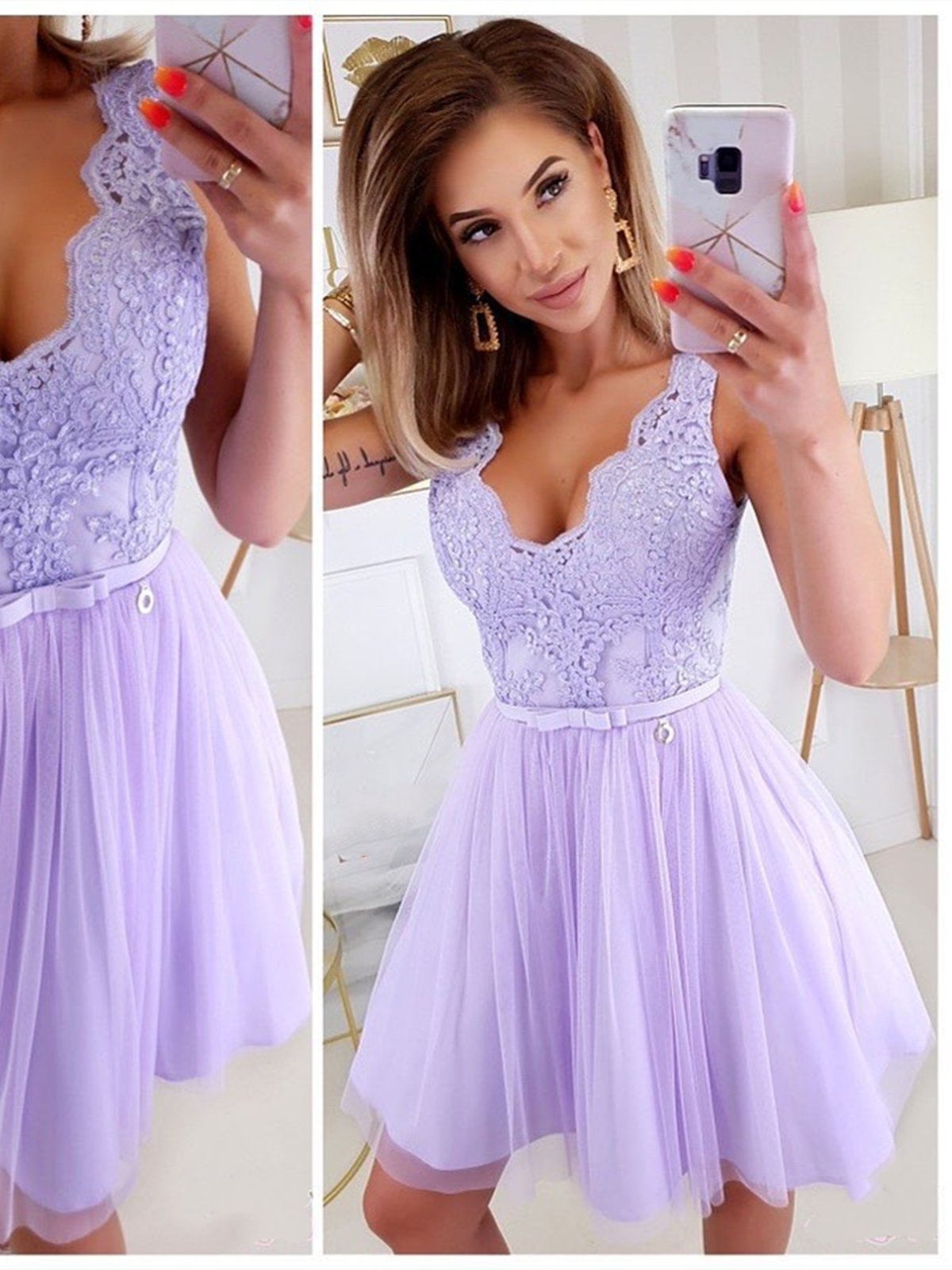 Vestidos de fiesta cortos de encaje morado con escote en V, vestidos de graduación cortos de encaje morado con escote en V