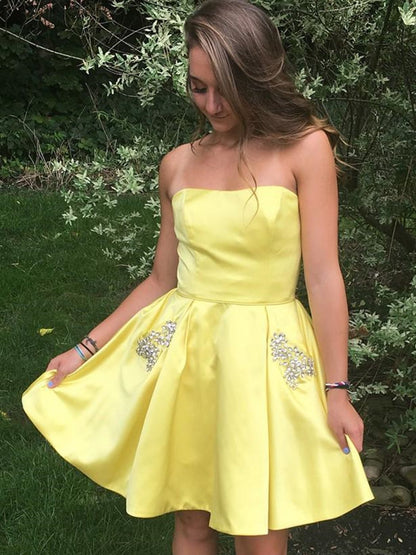 Vestidos de fiesta cortos amarillos con bolsillos, vestidos cortos amarillos formales para graduación y regreso a casa