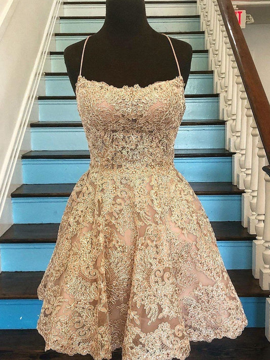 Vestidos de fiesta cortos de encaje color champán sin espalda, vestidos de graduación cortos de encaje formales para el regreso a casa