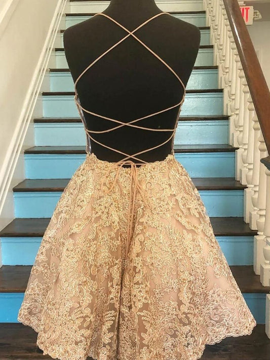 Vestidos de fiesta cortos de encaje color champán sin espalda, vestidos de graduación cortos de encaje formales para el regreso a casa