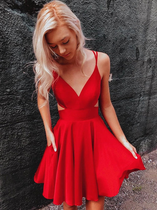 Vestido de fiesta rojo corto con escote en V y espalda de corsé, vestidos de cóctel rojos cortos para graduación y regreso a casa.