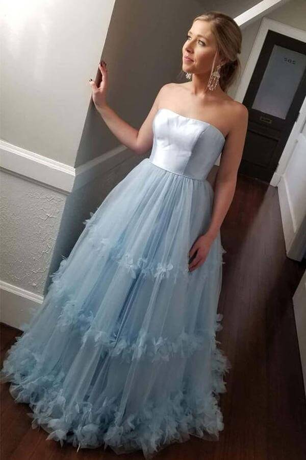 Vestido de fiesta azul claro con hombros descubiertos y sin tirantes, largo, para noche