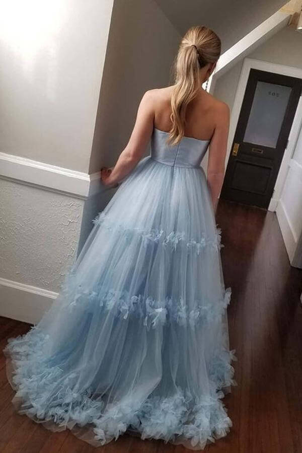 Vestido de fiesta azul claro con hombros descubiertos y sin tirantes, largo, para noche