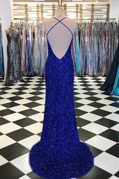 Vestidos de fiesta azul real con corte tubo brillante, vestidos de noche con abertura