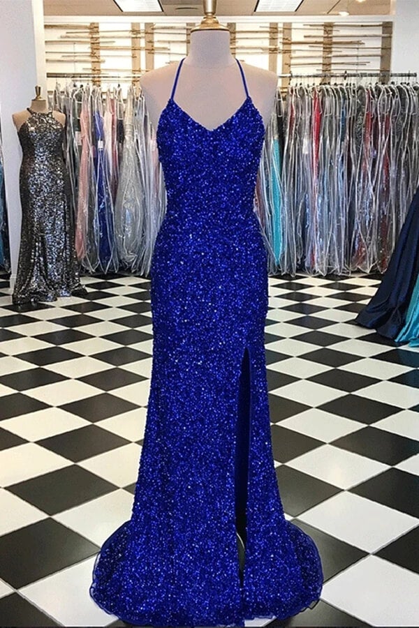 Vestidos de fiesta azul real con corte tubo brillante, vestidos de noche con abertura
