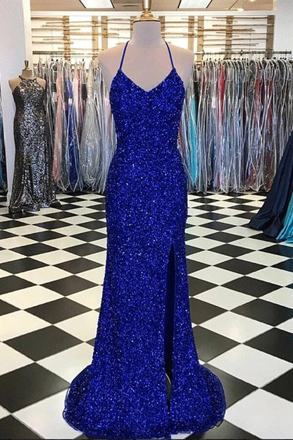 Vestidos de fiesta azul real con corte tubo brillante, vestidos de noche con abertura