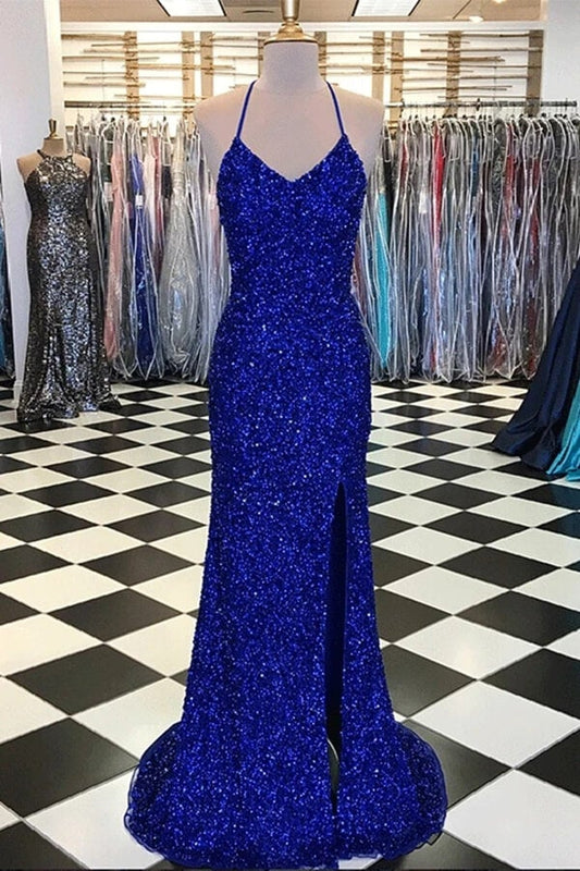Vestidos de fiesta azul real con corte tubo brillante, vestidos de noche con abertura