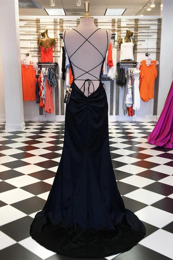 Vestido de fiesta largo sencillo de satén negro con tirantes finos y corte entallado, vestido de noche