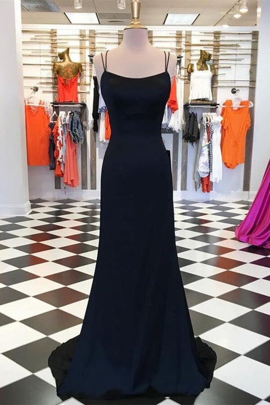 Vestido de fiesta largo sencillo de satén negro con tirantes finos y corte entallado, vestido de noche