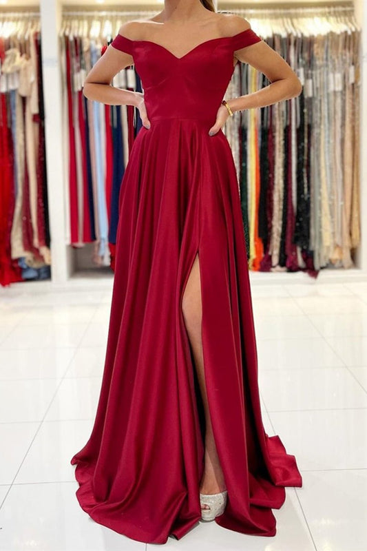 Simple Off the Shoulder Burgundy Satin Long Prom Dress with Slit, GP157
