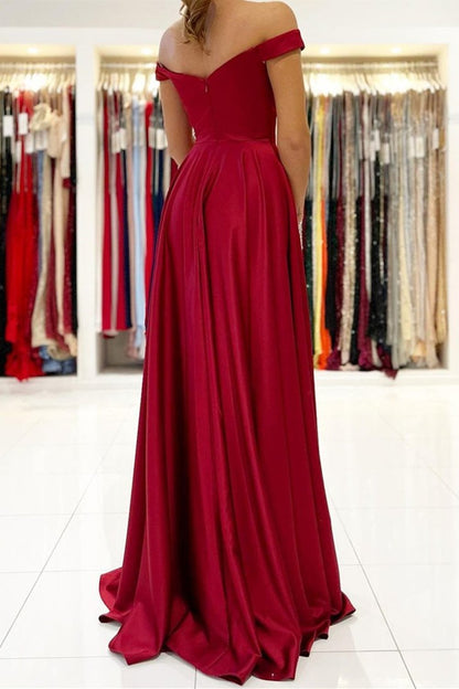 Simple Off the Shoulder Burgundy Satin Long Prom Dress with Slit, GP157