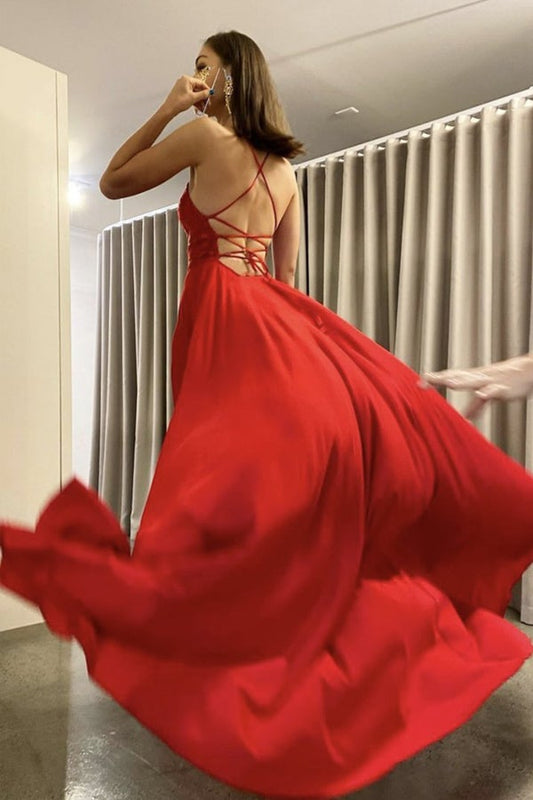 Los mejores vestidos de fiesta largos de gasa roja con corte en A y tirantes finos con abertura lateral, trajes de vestir formales 