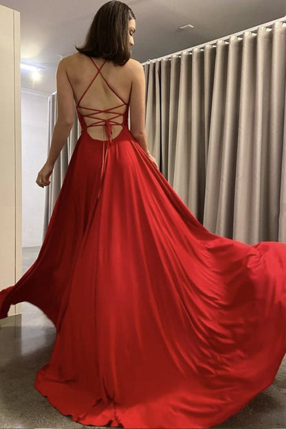 Los mejores vestidos de fiesta largos de gasa roja con corte en A y tirantes finos con abertura lateral, trajes de vestir formales 