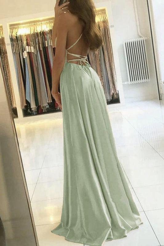 Vestido de fiesta verde salvia con abertura, sencillo, corte A, largo, de noche