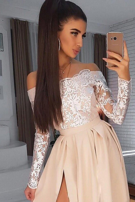 Simple Satin Long Prom Dress Lace Off-Shoulder Long Sleeves With Slit MP750