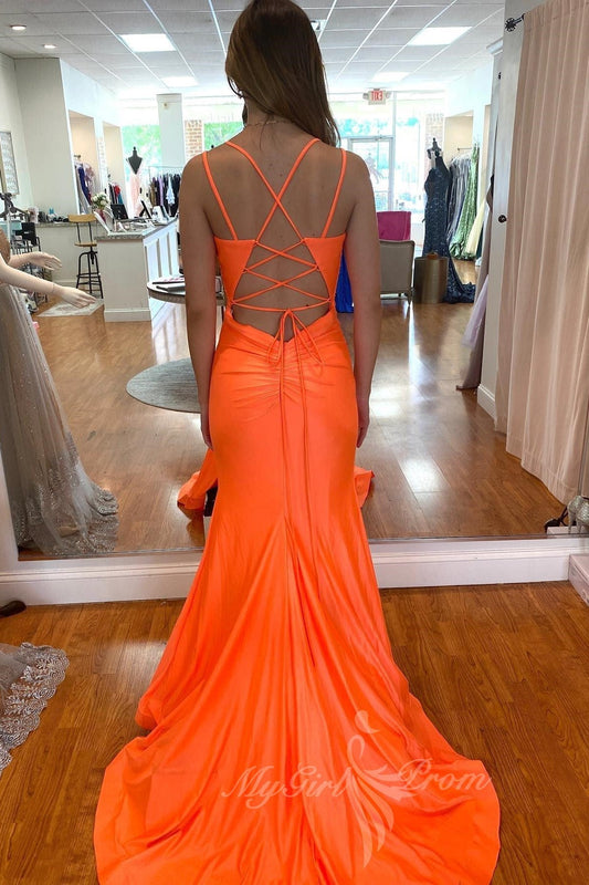 Simple Satin Orange Mermaid High Slit Prom Dress, Lace-Up Long Formal Dress GP594