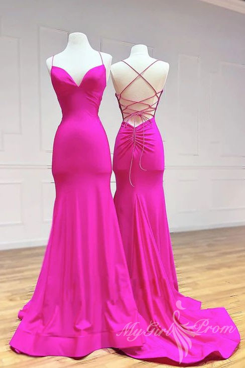 Simple Spaghetti Straps Pink Mermaid Long Prom Dress, Backless Evening Gown GP513