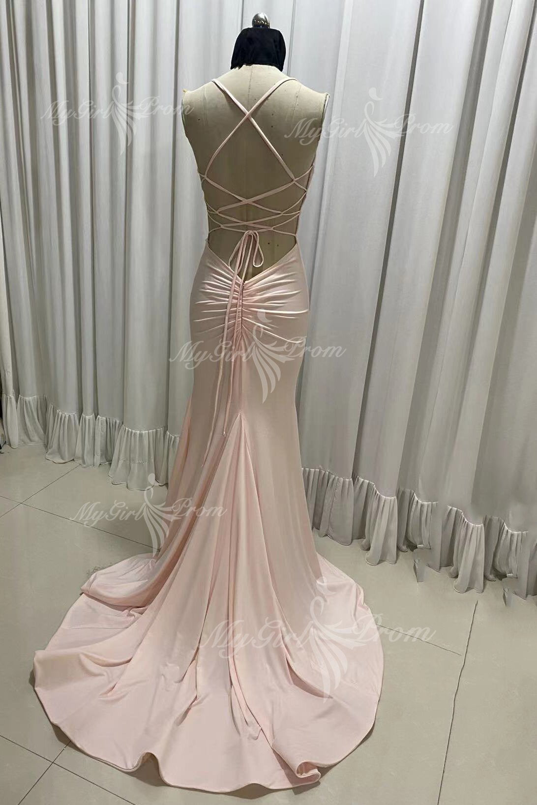 Simple Spaghetti Straps Pink Mermaid Long Prom Dress, Backless Evening Gown GP513