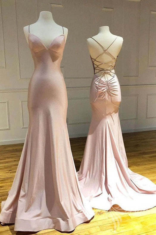 Simple Spaghetti Straps Pink Mermaid Long Prom Dress, Backless Evening Gown GP513
