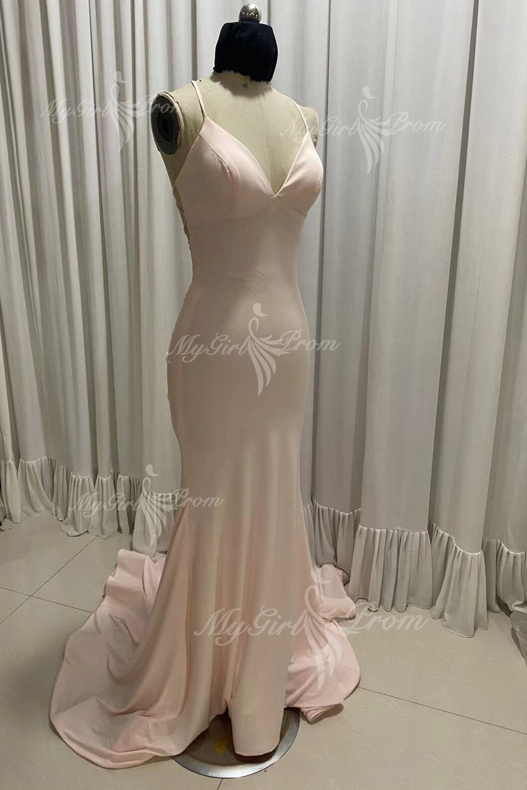 Simple Spaghetti Straps Pink Mermaid Long Prom Dress, Backless Evening Gown GP513