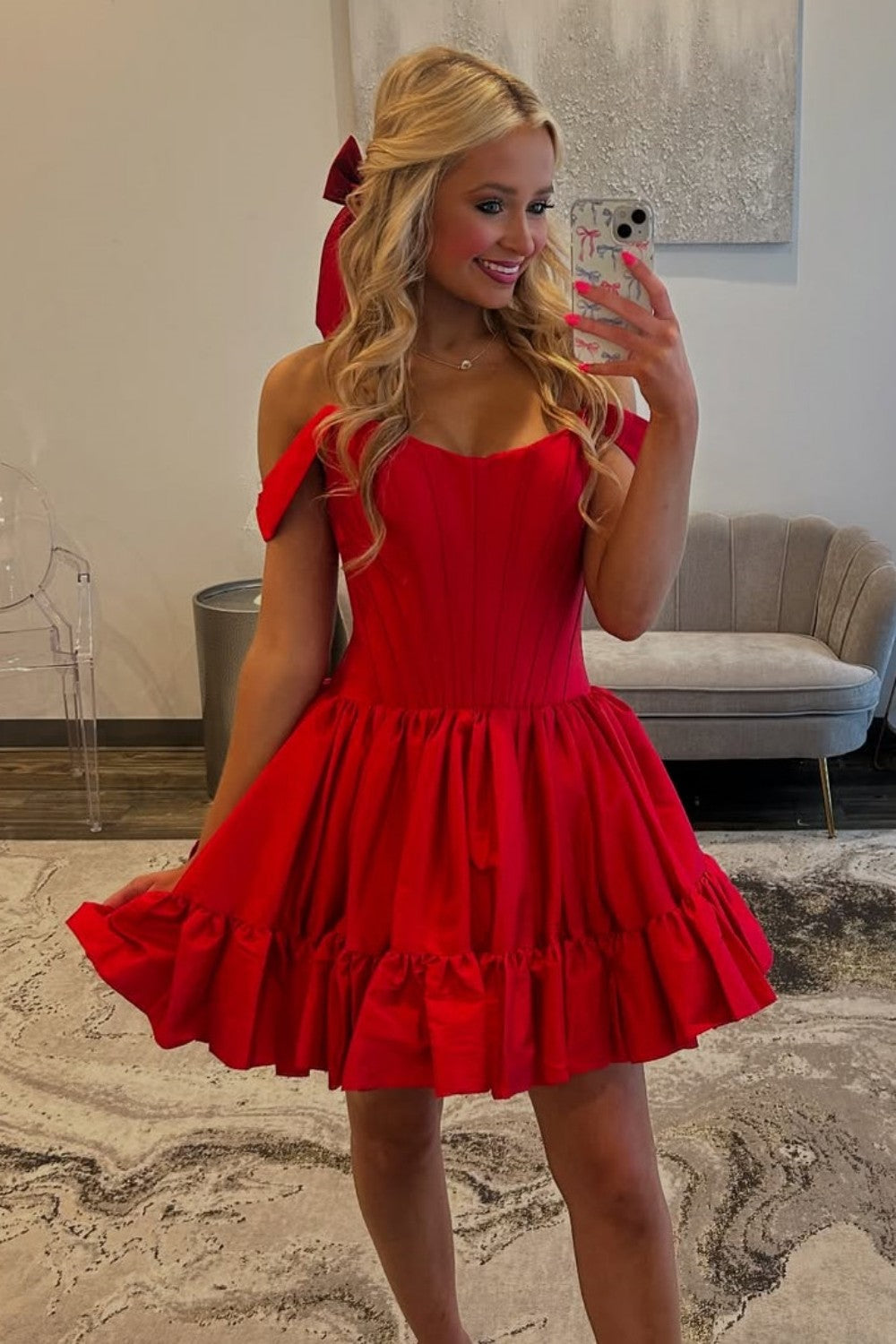 Simple A-Line Off The Shoulder Zipper Back Short Satin Homecoming Dress