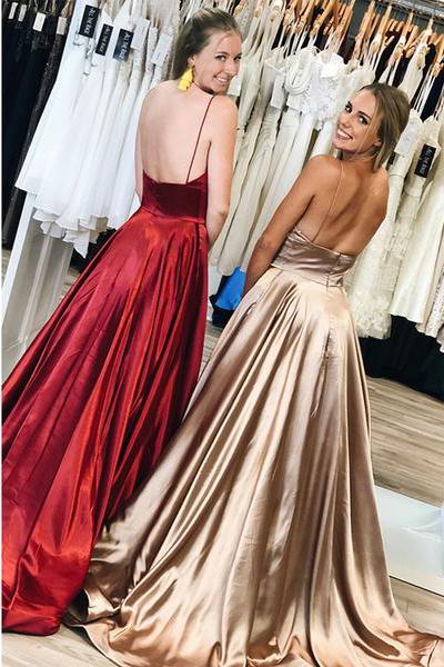 Spaghetti-straps Simple Long Prom Dresses Backless Evening Gowns GP12
