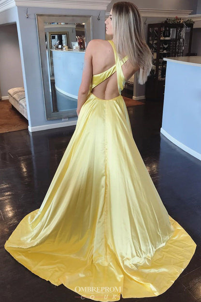 Simple V-Neck Royal Blue Long Prom Dress Criss-Cross Back With Slit MP745