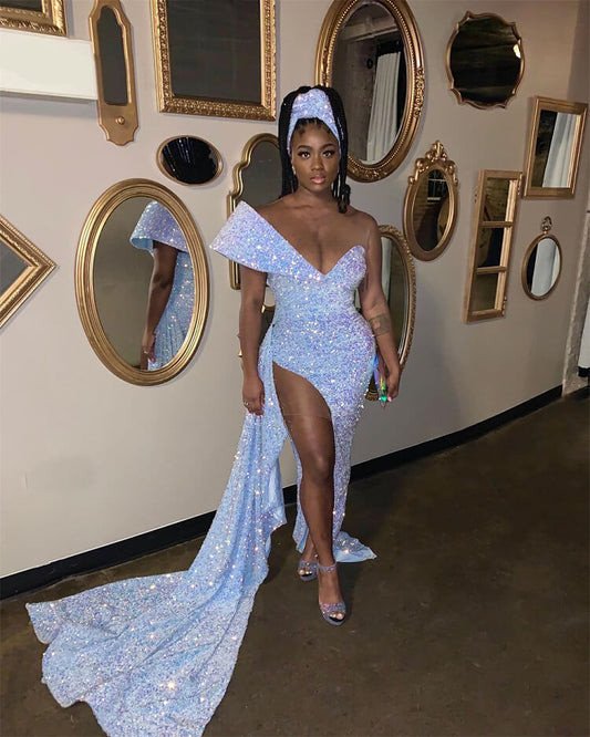 Vestidos de fiesta con lentejuelas azul cielo para chicas negras, vestido de sirena de cumpleaños, vestido de fiesta sexy de un hombro con abertura