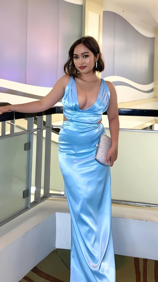 Sky Blue V-Neck Long Prom Dress,AST1692