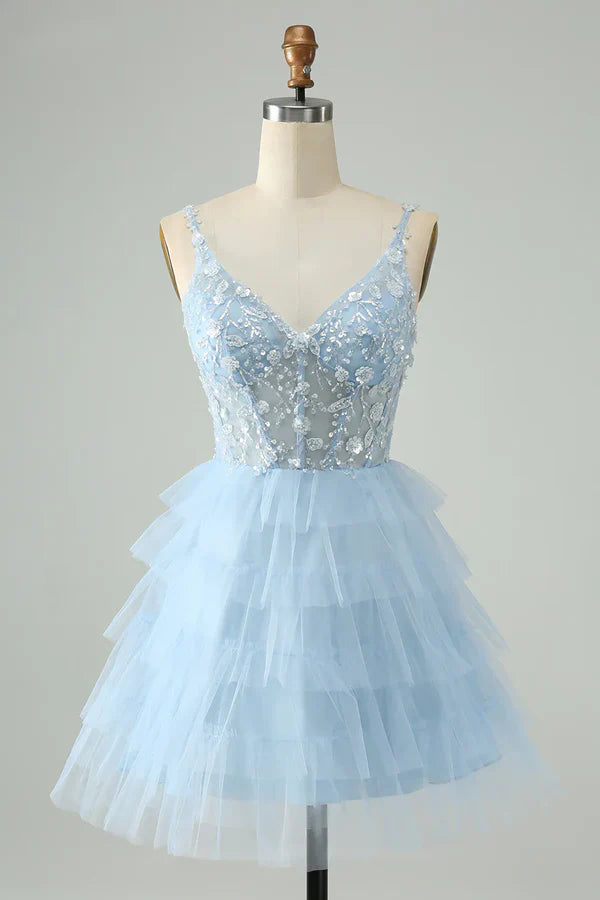 Vestido de fiesta corto vintage azul claro con diseño de cuentas y tirantes finos TP3516