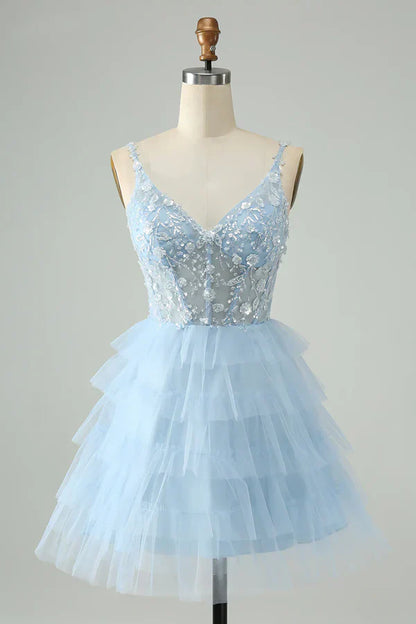 Vestido de fiesta corto vintage azul claro con diseño de cuentas y tirantes finos TP3516