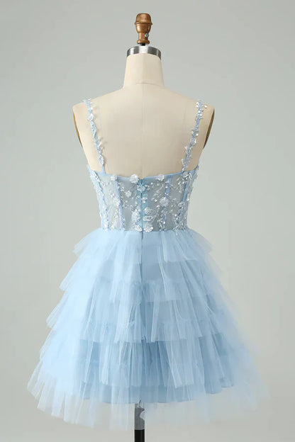 Vestido de fiesta corto vintage azul claro con diseño de cuentas y tirantes finos TP3516