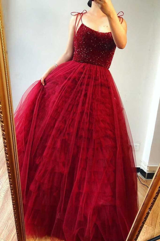 Spaghetti Straps Beaded Bodice Long Burgundy Prom Dresses Evening Gown GP159