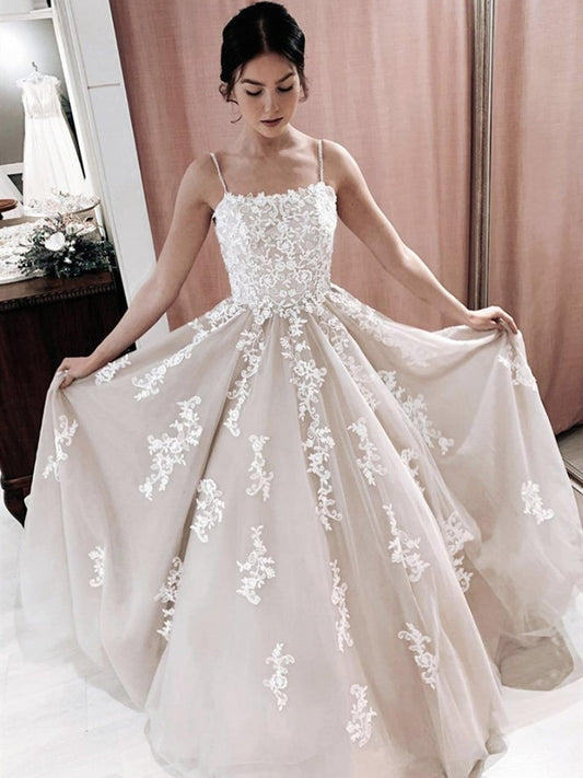 Spaghetti Straps Lace Appiques Wedding Dresses, Long Prom Formal Dresses PW404