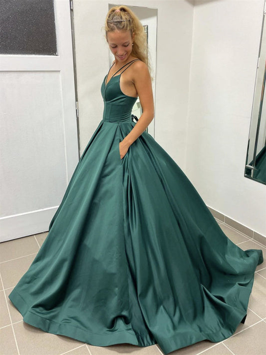 A Line Spaghetti Straps Dark Green Satin Prom Dress,Long Formal Dress,WP366